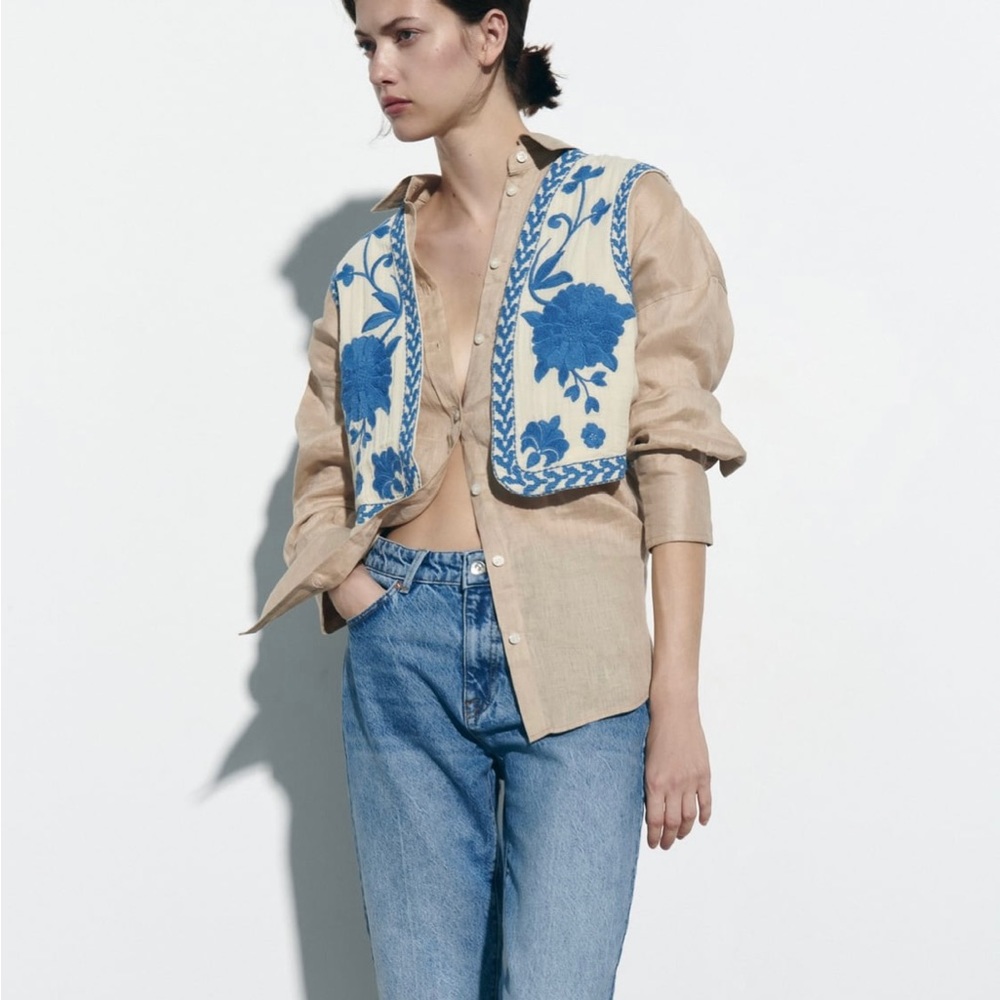 Zara Open Front Embroidered Vest - Blue